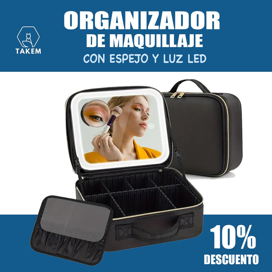 ORGANIZADOR DE MAQUILLAJE CON ESPEJO LUZ LED - TAKEM